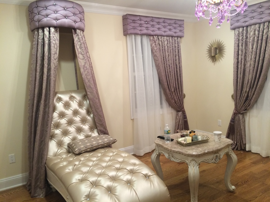 upholstered chaise and matching curtains with upholstered cornices